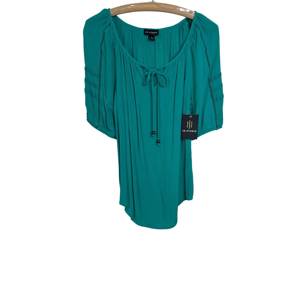 I.N. Studio Peasant Blouse Women S Green Ladder Lace Boho Top New W/ Tags A26
